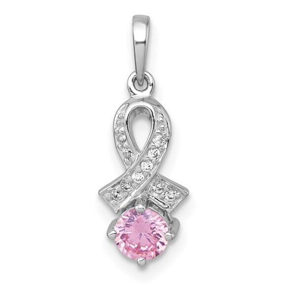 925 Sterling Silver Pink & White CZ Cancer Awareness Ribbon Necklace Charm - Picture 1 of 4